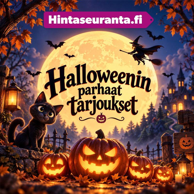Halloweenin parhaat tarjoukset – musta kissa ja hehkuvat kurpitsalyhdyt täysikuun alla
